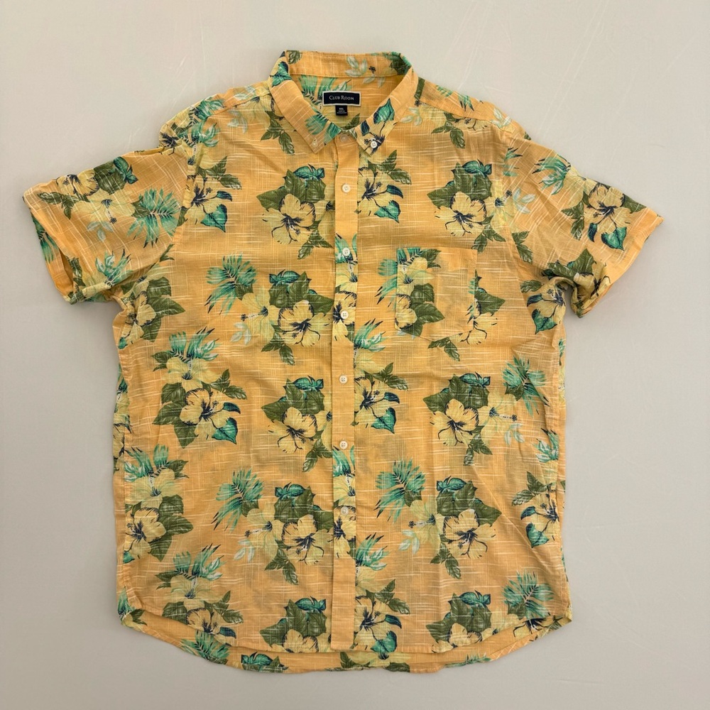 Light Orange Floral Linen Club Room SS XXL Men’s Button Shirt Short Sleeve 2XL